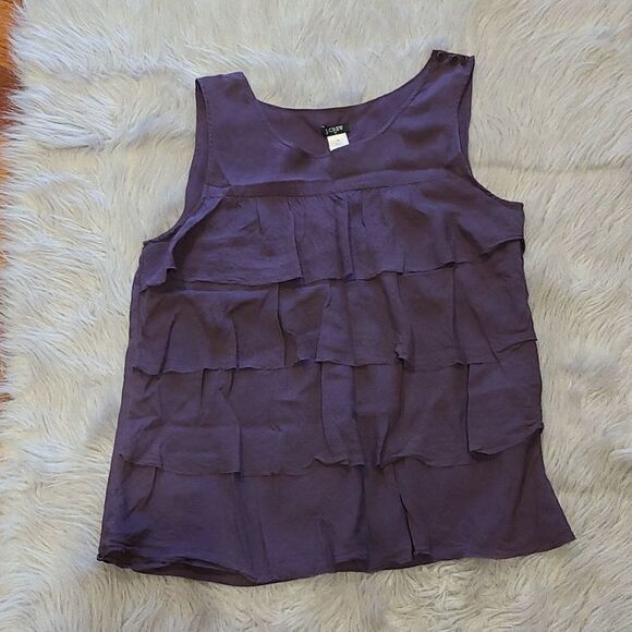 Jcrew womens dark purple silk ruffled tank topwith shoulder button detai size 10 - Picture 1 of 5